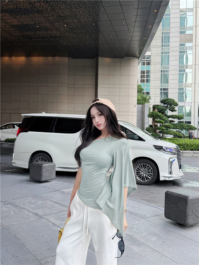 실사 여름 레트로 섹시함 불규칙 비스듬한 어깨 리본 허리 수축 슬림해 보이는 맨위 티셔츠 여성 상세 이미지 11