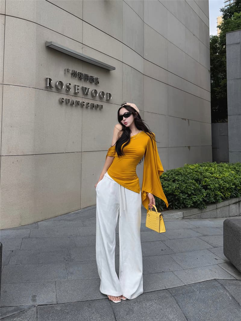 실사 여름 레트로 섹시함 불규칙 비스듬한 어깨 리본 허리 수축 슬림해 보이는 맨위 티셔츠 여성 상세 이미지 12