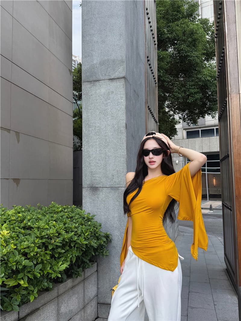 실사 여름 레트로 섹시함 불규칙 비스듬한 어깨 리본 허리 수축 슬림해 보이는 맨위 티셔츠 여성 상세 이미지 13