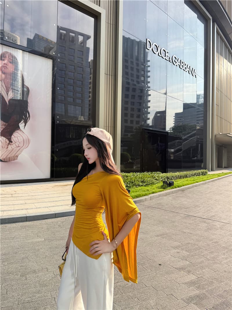 실사 여름 레트로 섹시함 불규칙 비스듬한 어깨 리본 허리 수축 슬림해 보이는 맨위 티셔츠 여성 상세 이미지 18