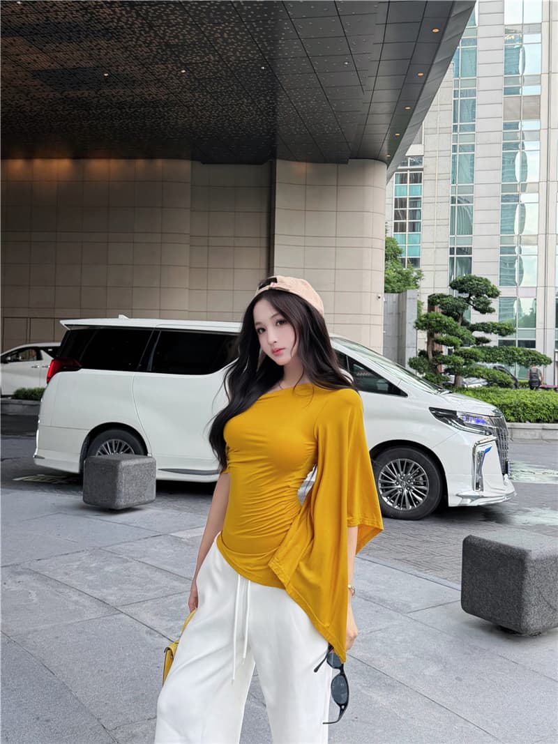 실사 여름 레트로 섹시함 불규칙 비스듬한 어깨 리본 허리 수축 슬림해 보이는 맨위 티셔츠 여성 상세 이미지 19
