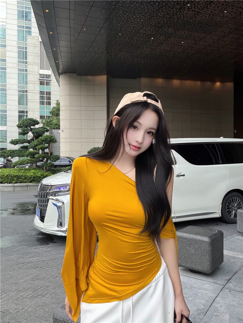 실사 여름 레트로 섹시함 불규칙 비스듬한 어깨 리본 허리 수축 슬림해 보이는 맨위 티셔츠 여성 상세 이미지 20