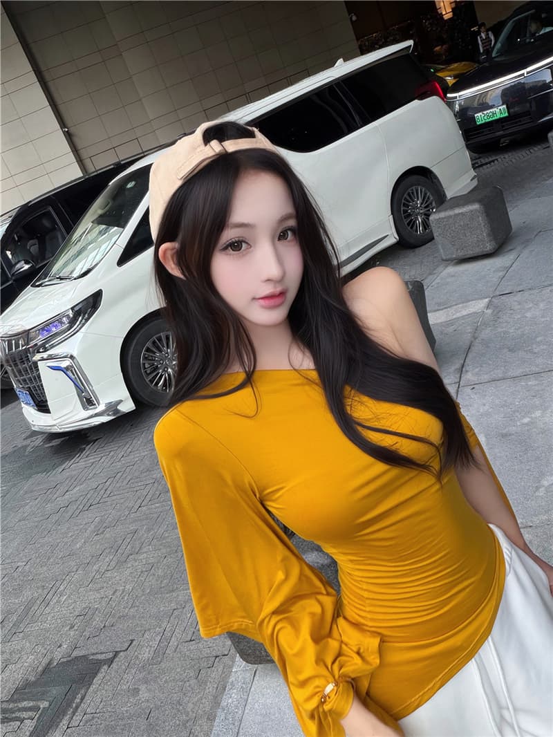 실사 여름 레트로 섹시함 불규칙 비스듬한 어깨 리본 허리 수축 슬림해 보이는 맨위 티셔츠 여성 상세 이미지 21