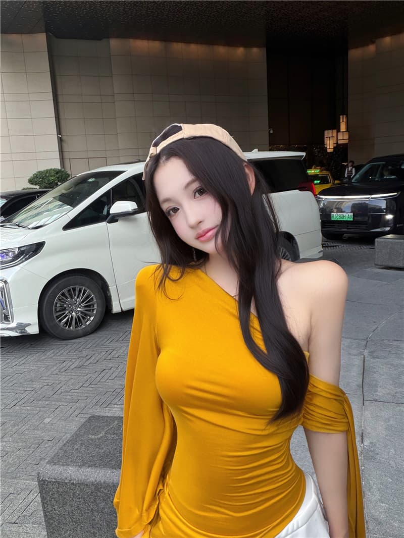 실사 여름 레트로 섹시함 불규칙 비스듬한 어깨 리본 허리 수축 슬림해 보이는 맨위 티셔츠 여성 상세 이미지 22