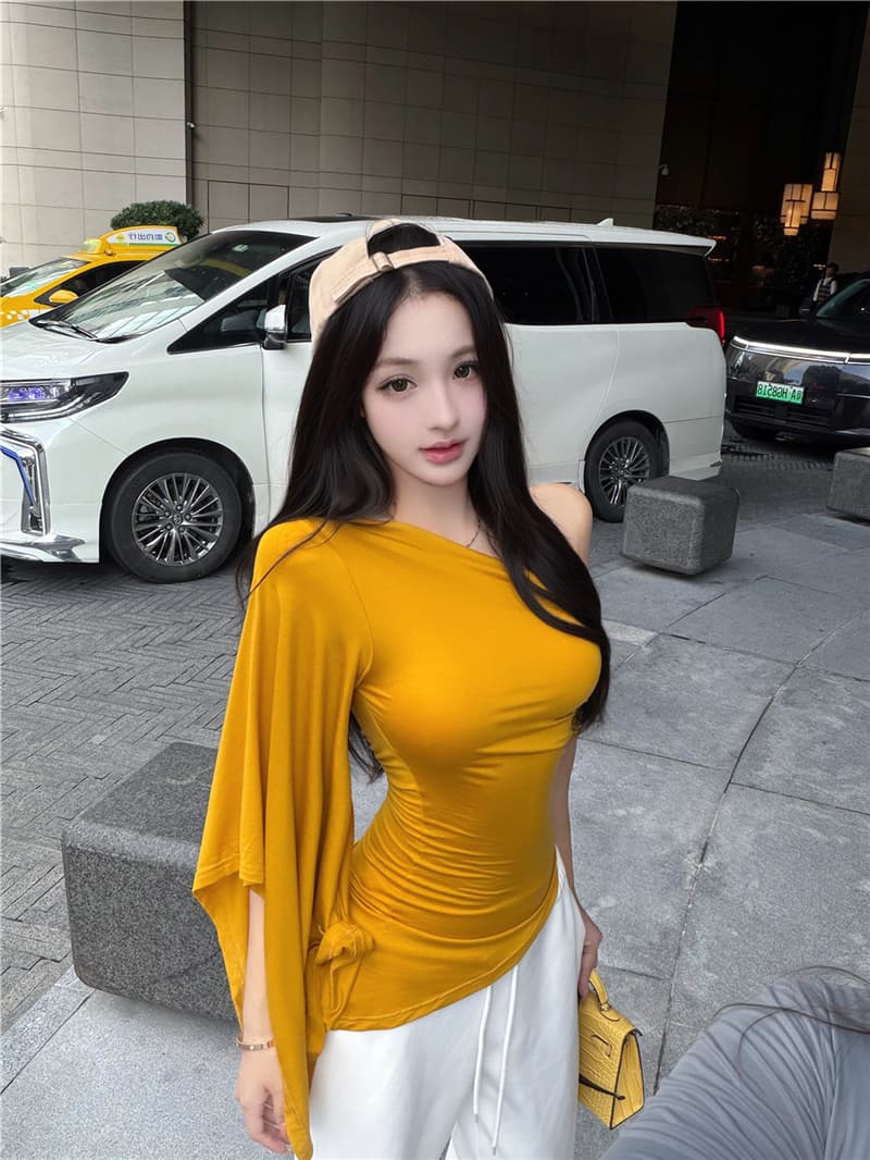 실사 여름 레트로 섹시함 불규칙 비스듬한 어깨 리본 허리 수축 슬림해 보이는 맨위 티셔츠 여성 상세 이미지 23