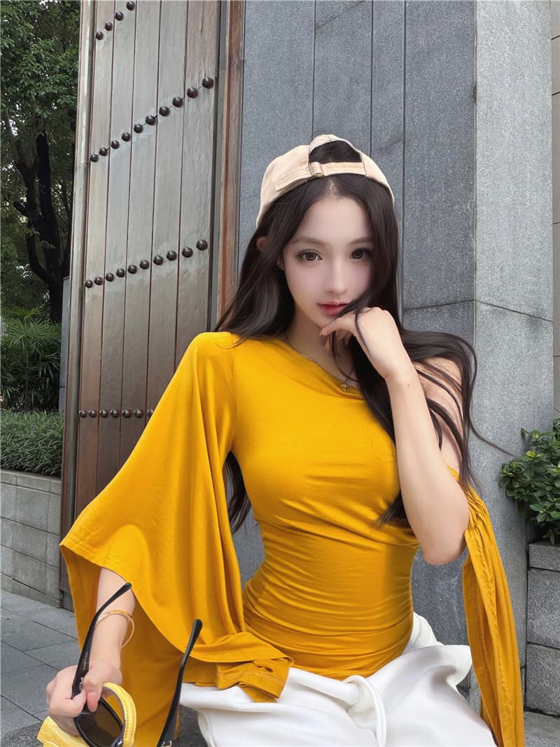 실사 여름 레트로 섹시함 불규칙 비스듬한 어깨 리본 허리 수축 슬림해 보이는 맨위 티셔츠 여성 상세 이미지 24