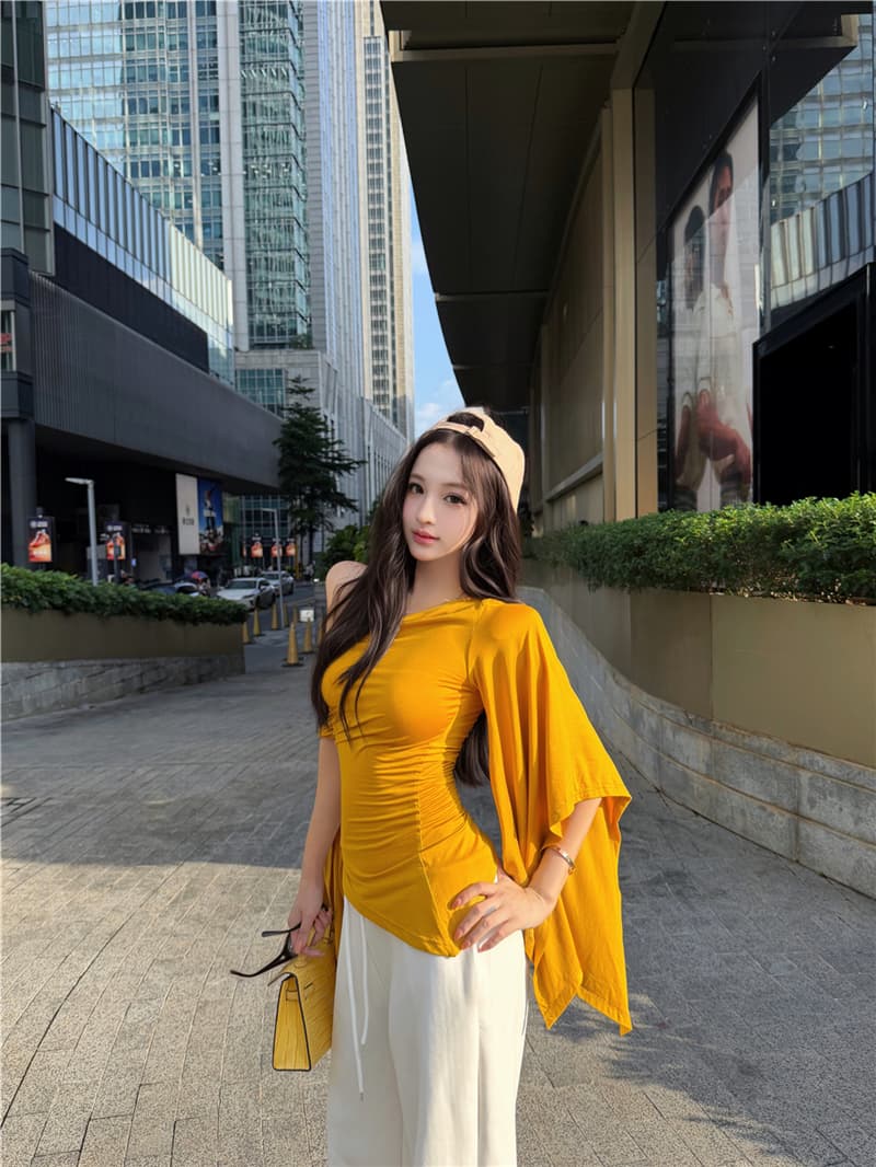 실사 여름 레트로 섹시함 불규칙 비스듬한 어깨 리본 허리 수축 슬림해 보이는 맨위 티셔츠 여성 상세 이미지 25