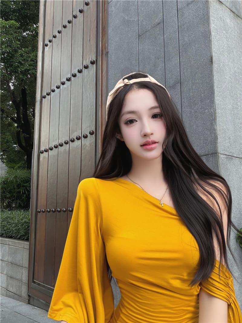 실사 여름 레트로 섹시함 불규칙 비스듬한 어깨 리본 허리 수축 슬림해 보이는 맨위 티셔츠 여성 상세 이미지 26