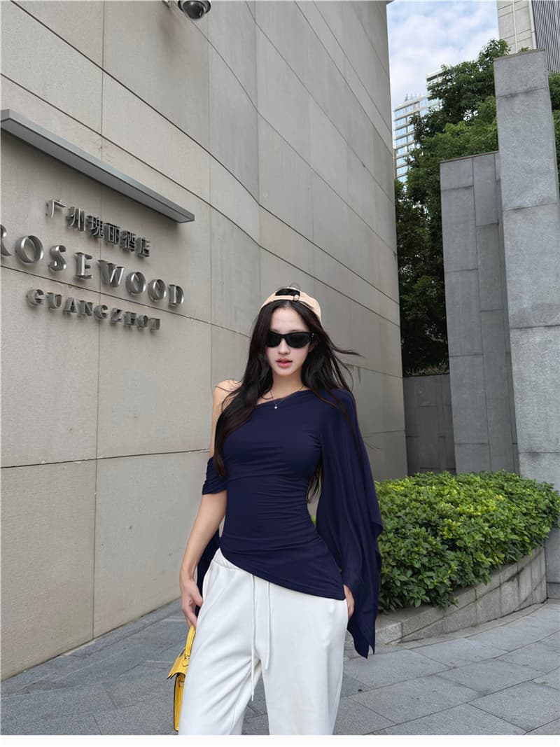 실사 여름 레트로 섹시함 불규칙 비스듬한 어깨 리본 허리 수축 슬림해 보이는 맨위 티셔츠 여성 상세 이미지 28