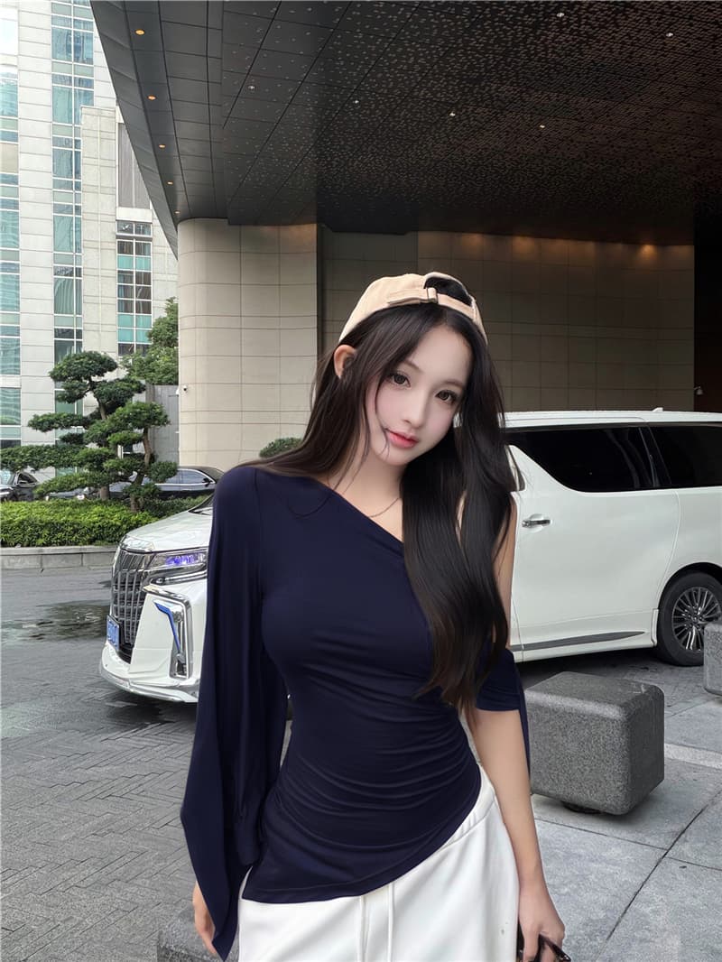 실사 여름 레트로 섹시함 불규칙 비스듬한 어깨 리본 허리 수축 슬림해 보이는 맨위 티셔츠 여성 상세 이미지 29