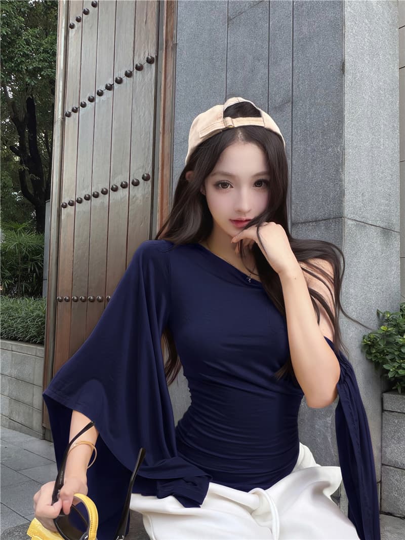 실사 여름 레트로 섹시함 불규칙 비스듬한 어깨 리본 허리 수축 슬림해 보이는 맨위 티셔츠 여성 상세 이미지 31