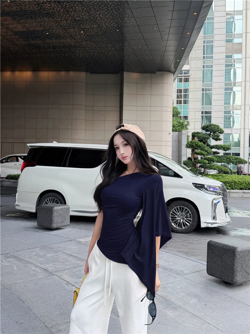 실사 여름 레트로 섹시함 불규칙 비스듬한 어깨 리본 허리 수축 슬림해 보이는 맨위 티셔츠 여성 상세 이미지 33