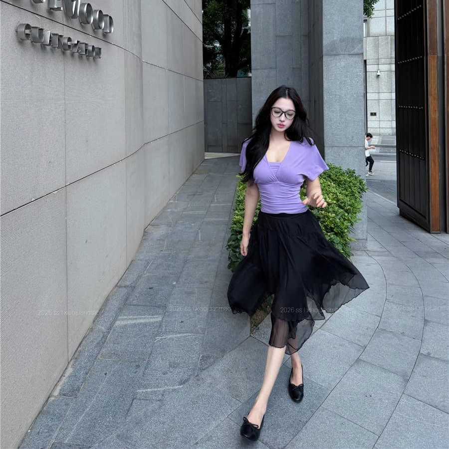 실사 여름 섹시함 페이크 레이어드 주름 블라우스 튜브탑 맨위 불규칙 정신 동적 반신 스커트 여성 이미지 5