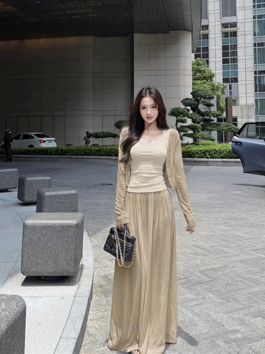 실사 레트로 섹시함 부드러운 품격 다용도 슬림해 보이는 슬립 맨위 자외선 차단 오픈 가디건 반신 롱 스커트 세 조각 여성 세트 이미지 2