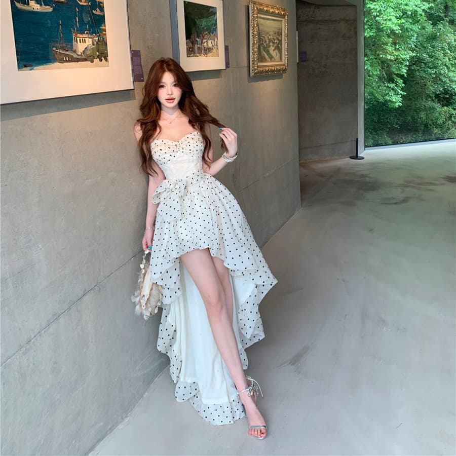 실사 여름 섹시함 품격 꼬집기 허리 레이스 조각 휴가 민소매 슬립 드레스 도트 무늬 끌기 꼬리 치마 여성 이미지 5