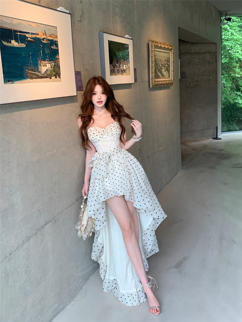 실사 여름 섹시함 품격 꼬집기 허리 레이스 조각 휴가 민소매 슬립 드레스 도트 무늬 끌기 꼬리 치마 여성 상세 이미지 5