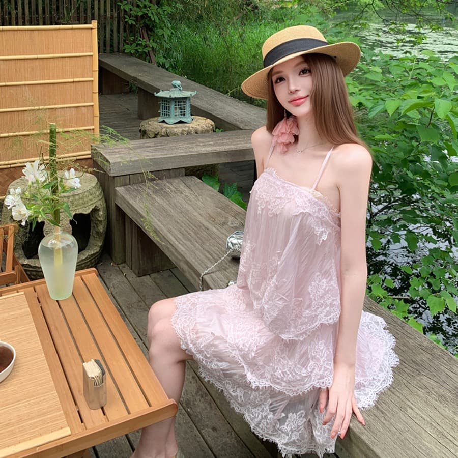 실사 여름 섹시함 무거운 작업 레이스 슬립 드레스 미니 스커트 여성 이미지 5
