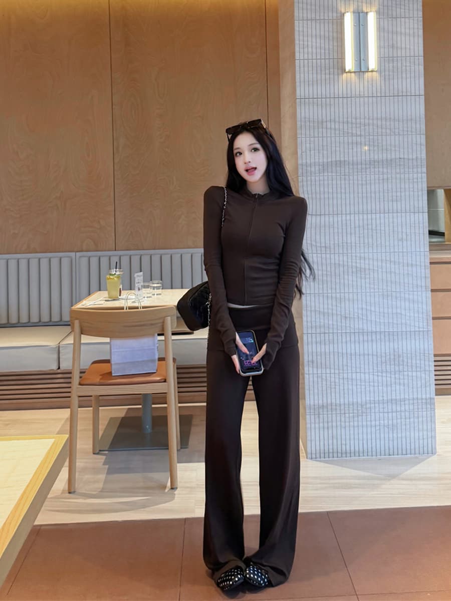실사 이른 가을 레트로 섹시함 스탠드 칼라 지퍼 오픈 가디건 수 있습니다. 조정 슬립 뒤집다 허리 캐주얼 스트레이트 팬츠 세 조각 여성 세트 이미지 3