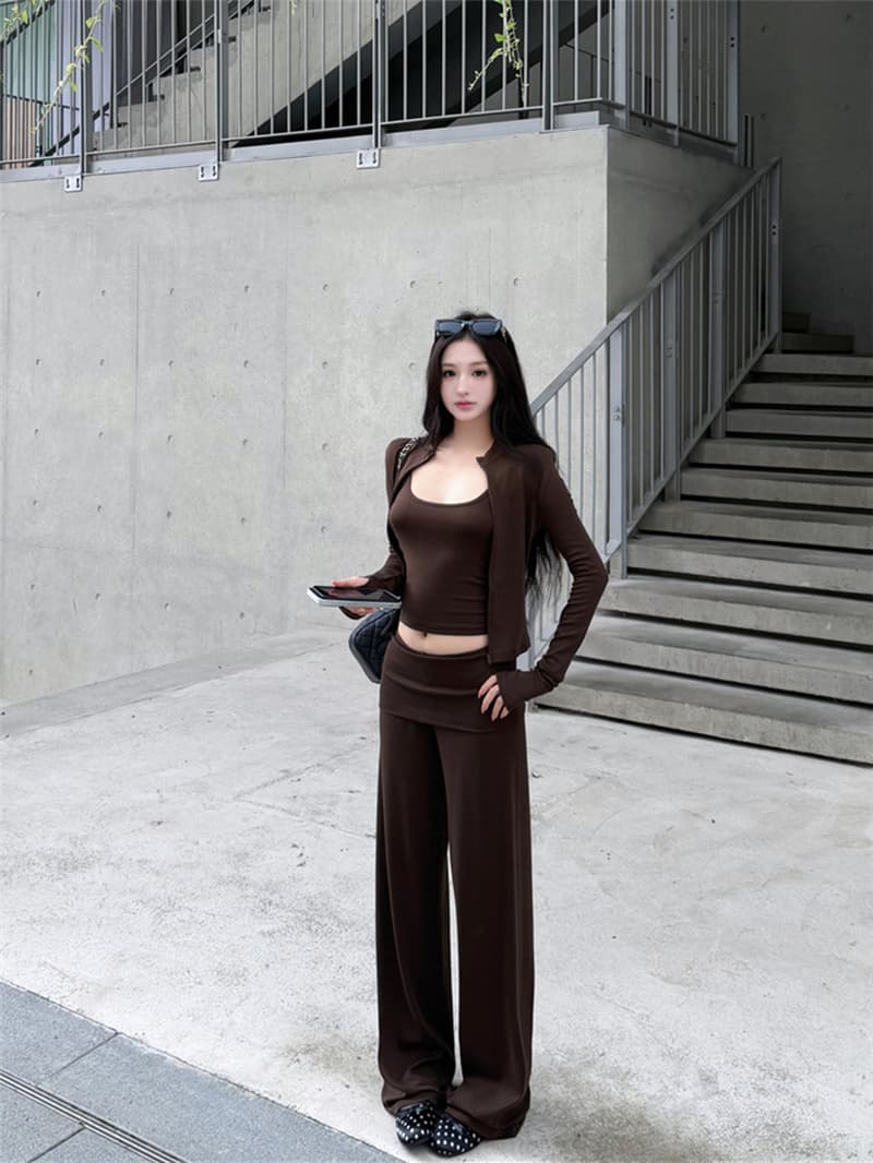 실사 이른 가을 레트로 섹시함 스탠드 칼라 지퍼 오픈 가디건 수 있습니다. 조정 슬립 뒤집다 허리 캐주얼 스트레이트 팬츠 세 조각 여성 세트 상세 이미지 1