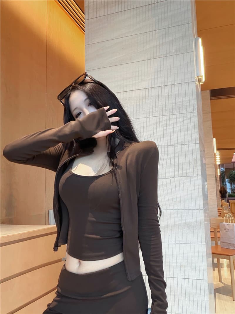 실사 이른 가을 레트로 섹시함 스탠드 칼라 지퍼 오픈 가디건 수 있습니다. 조정 슬립 뒤집다 허리 캐주얼 스트레이트 팬츠 세 조각 여성 세트 상세 이미지 6