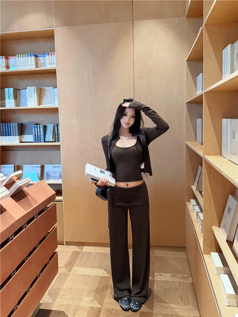 실사 이른 가을 레트로 섹시함 스탠드 칼라 지퍼 오픈 가디건 수 있습니다. 조정 슬립 뒤집다 허리 캐주얼 스트레이트 팬츠 세 조각 여성 세트 상세 이미지 9