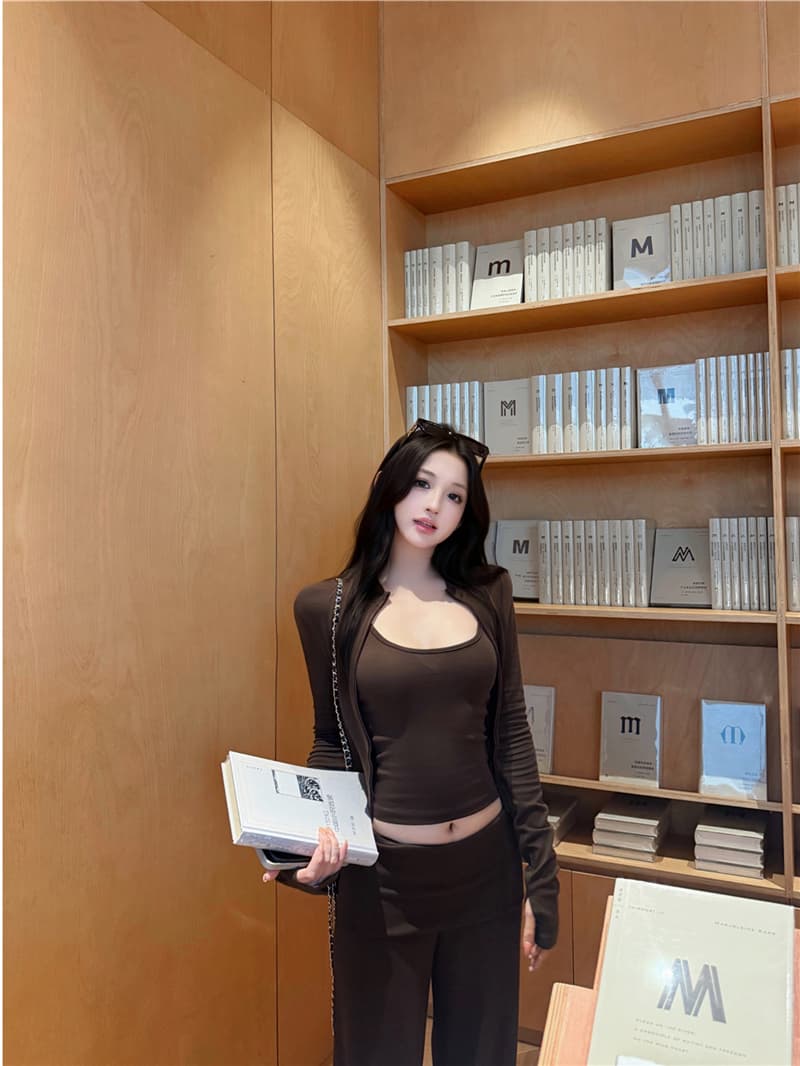 실사 이른 가을 레트로 섹시함 스탠드 칼라 지퍼 오픈 가디건 수 있습니다. 조정 슬립 뒤집다 허리 캐주얼 스트레이트 팬츠 세 조각 여성 세트 상세 이미지 10