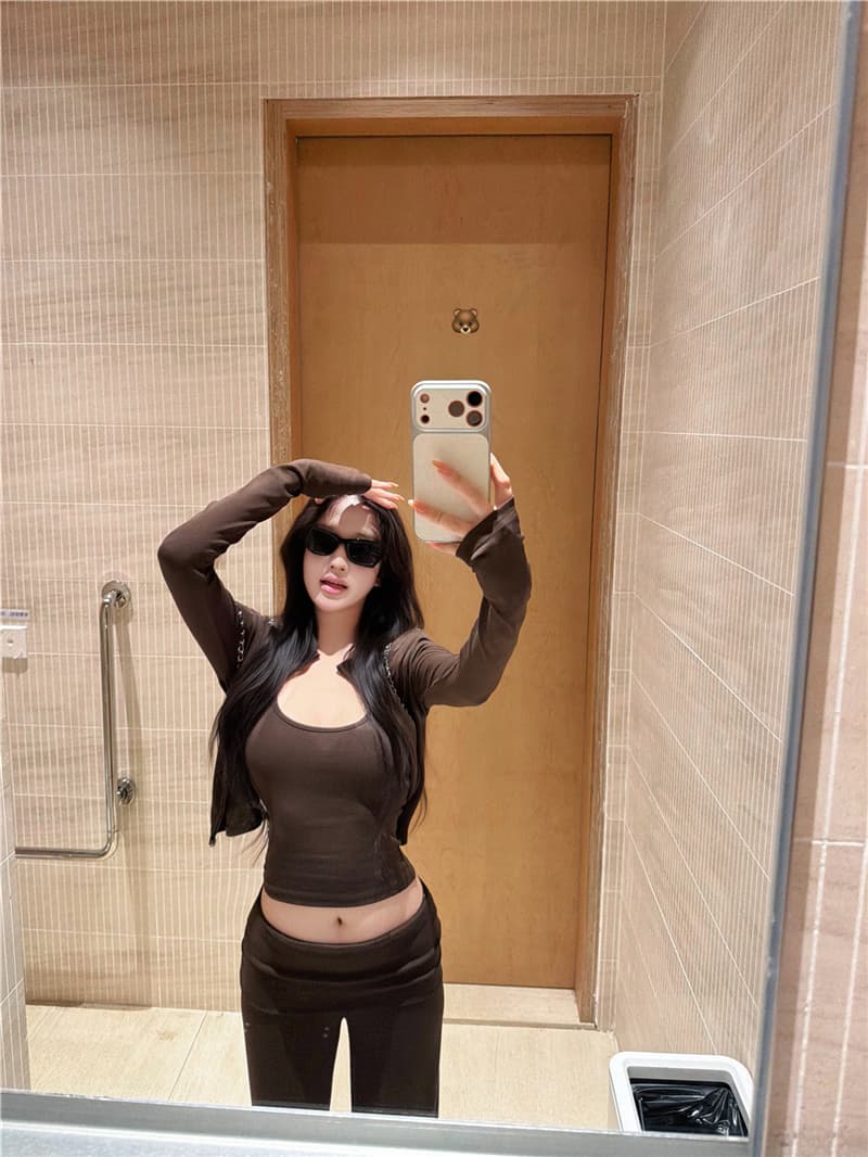 실사 이른 가을 레트로 섹시함 스탠드 칼라 지퍼 오픈 가디건 수 있습니다. 조정 슬립 뒤집다 허리 캐주얼 스트레이트 팬츠 세 조각 여성 세트 상세 이미지 13