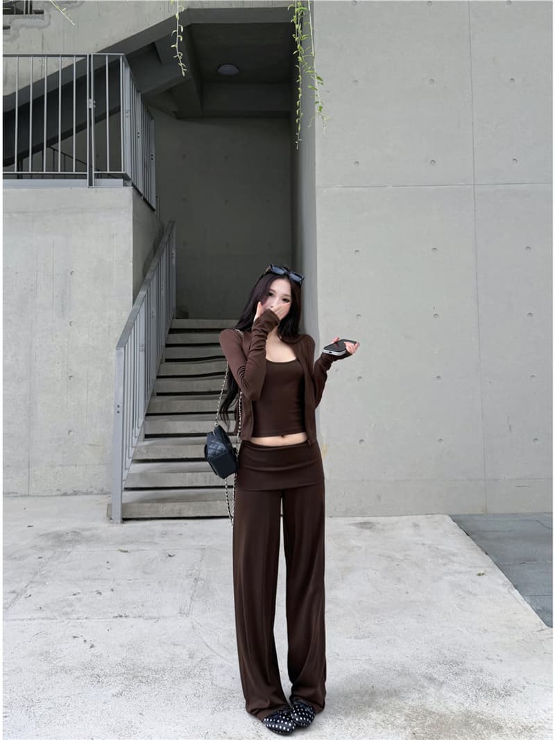 실사 이른 가을 레트로 섹시함 스탠드 칼라 지퍼 오픈 가디건 수 있습니다. 조정 슬립 뒤집다 허리 캐주얼 스트레이트 팬츠 세 조각 여성 세트 상세 이미지 15