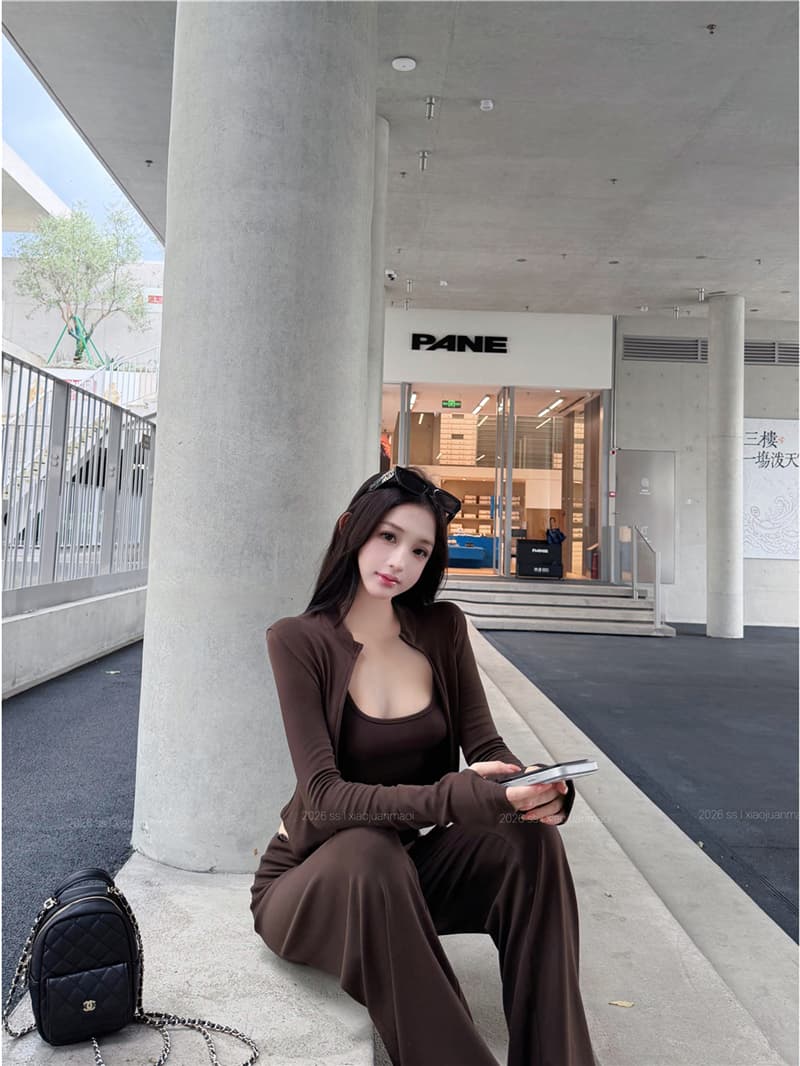 실사 이른 가을 레트로 섹시함 스탠드 칼라 지퍼 오픈 가디건 수 있습니다. 조정 슬립 뒤집다 허리 캐주얼 스트레이트 팬츠 세 조각 여성 세트 상세 이미지 16