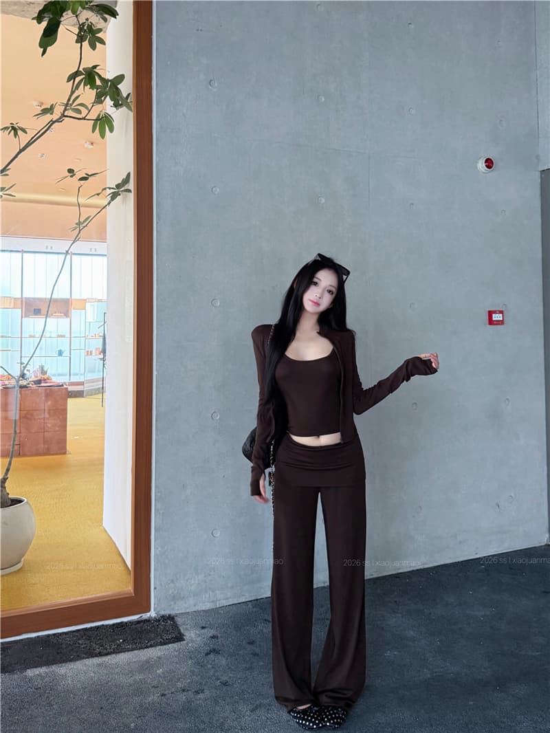 실사 이른 가을 레트로 섹시함 스탠드 칼라 지퍼 오픈 가디건 수 있습니다. 조정 슬립 뒤집다 허리 캐주얼 스트레이트 팬츠 세 조각 여성 세트 상세 이미지 17