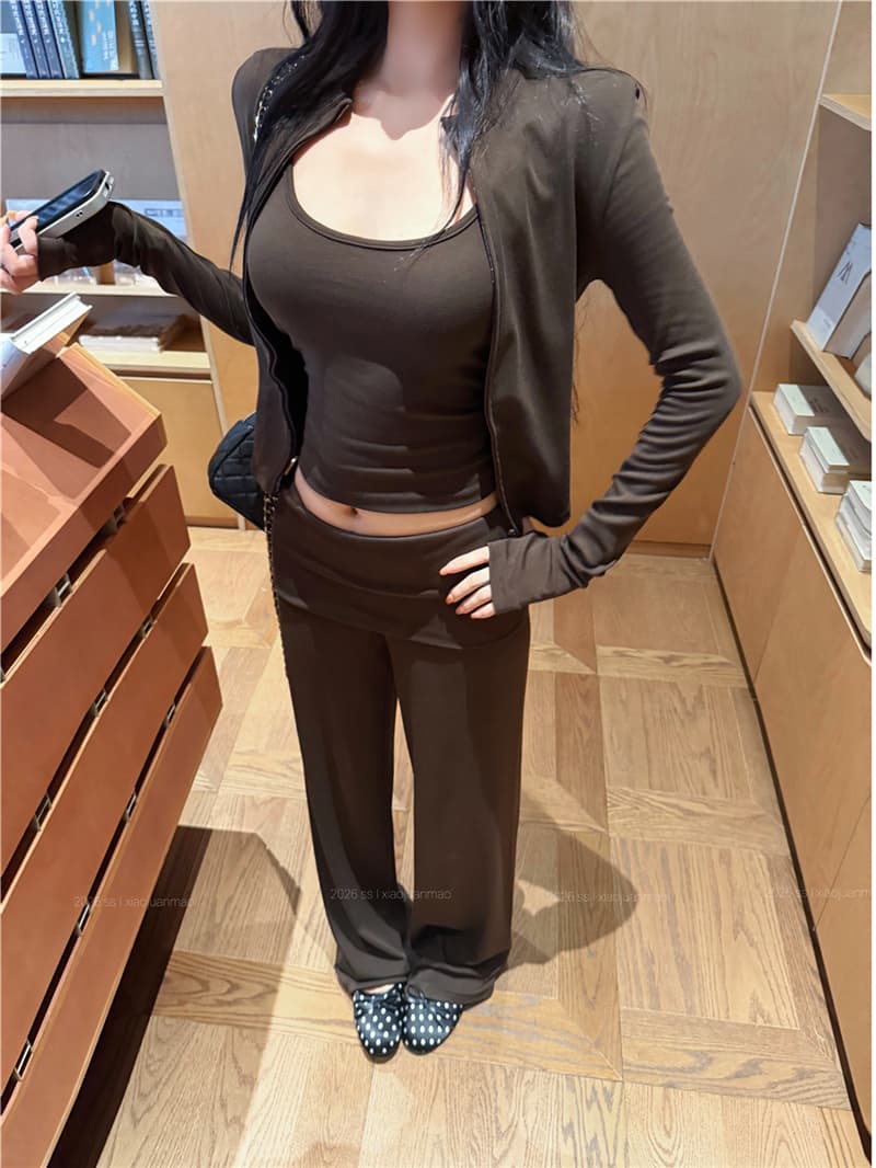 실사 이른 가을 레트로 섹시함 스탠드 칼라 지퍼 오픈 가디건 수 있습니다. 조정 슬립 뒤집다 허리 캐주얼 스트레이트 팬츠 세 조각 여성 세트 상세 이미지 18