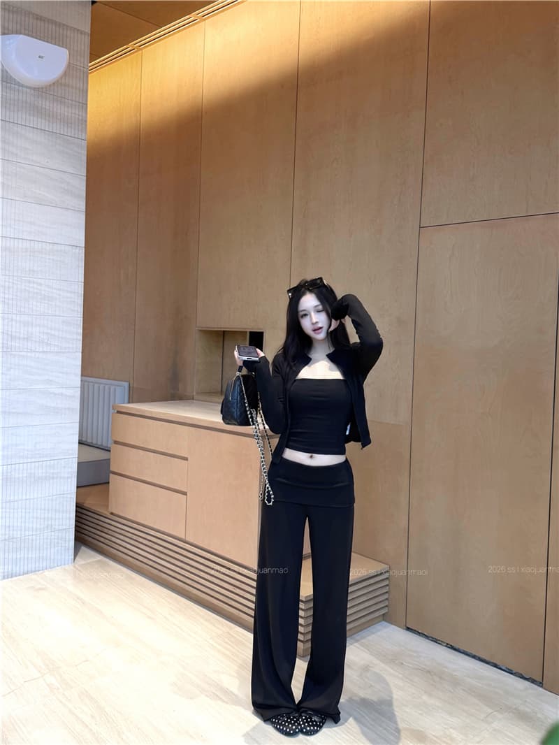 실사 이른 가을 레트로 섹시함 스탠드 칼라 지퍼 오픈 가디건 수 있습니다. 조정 슬립 뒤집다 허리 캐주얼 스트레이트 팬츠 세 조각 여성 세트 상세 이미지 20