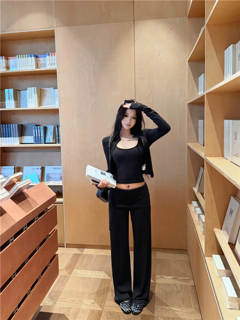 실사 이른 가을 레트로 섹시함 스탠드 칼라 지퍼 오픈 가디건 수 있습니다. 조정 슬립 뒤집다 허리 캐주얼 스트레이트 팬츠 세 조각 여성 세트 상세 이미지 22