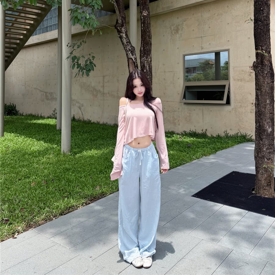 실사 이른 가을 비스듬한 어깨 긴팔 쇼트 스타일 이슬 뼈의 티셔츠 맨위 허리밴드 스트라이프 캐주얼 스트레이트 긴 바지 세트 여성 이미지 5