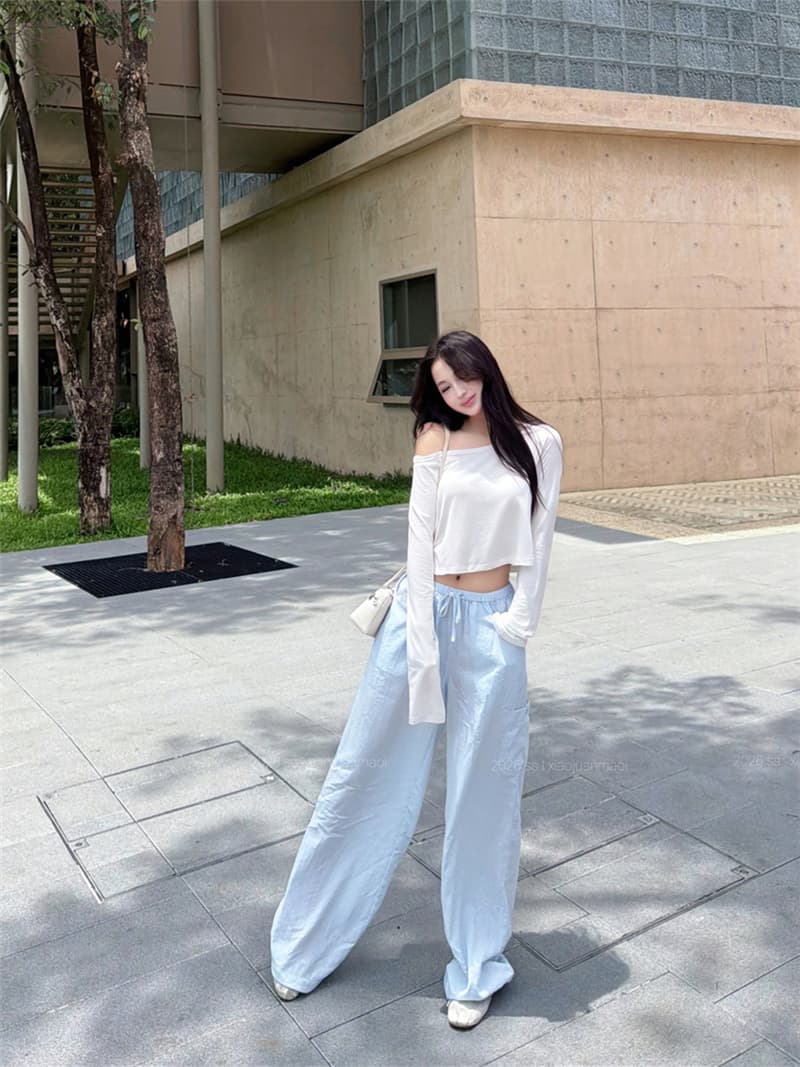 실사 이른 가을 비스듬한 어깨 긴팔 쇼트 스타일 이슬 뼈의 티셔츠 맨위 허리밴드 스트라이프 캐주얼 스트레이트 긴 바지 세트 여성 상세 이미지 21
