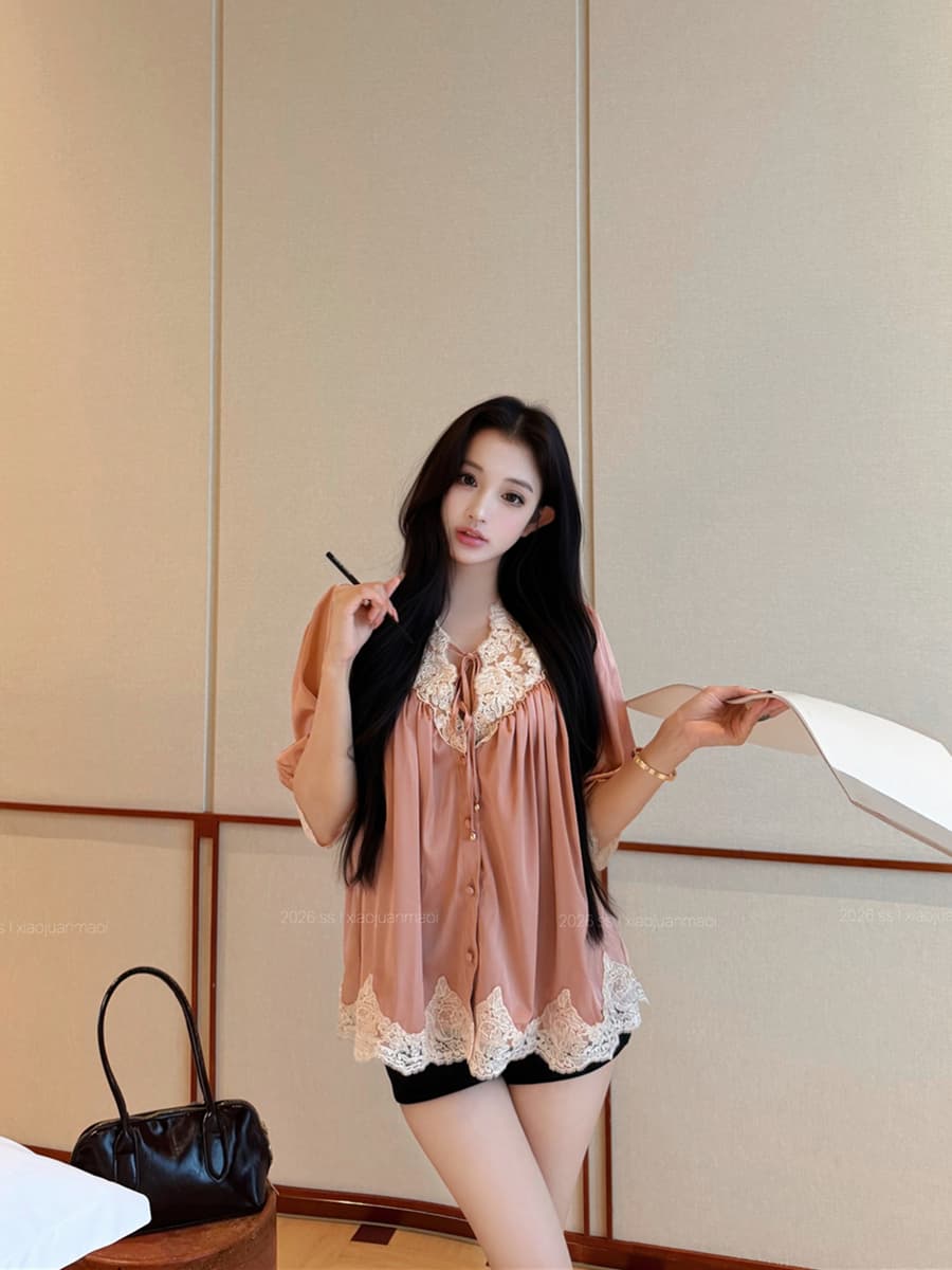 실사 여름 섹시함 V넥 자수 패치워크 새틴 여성 셔츠 이미지 2