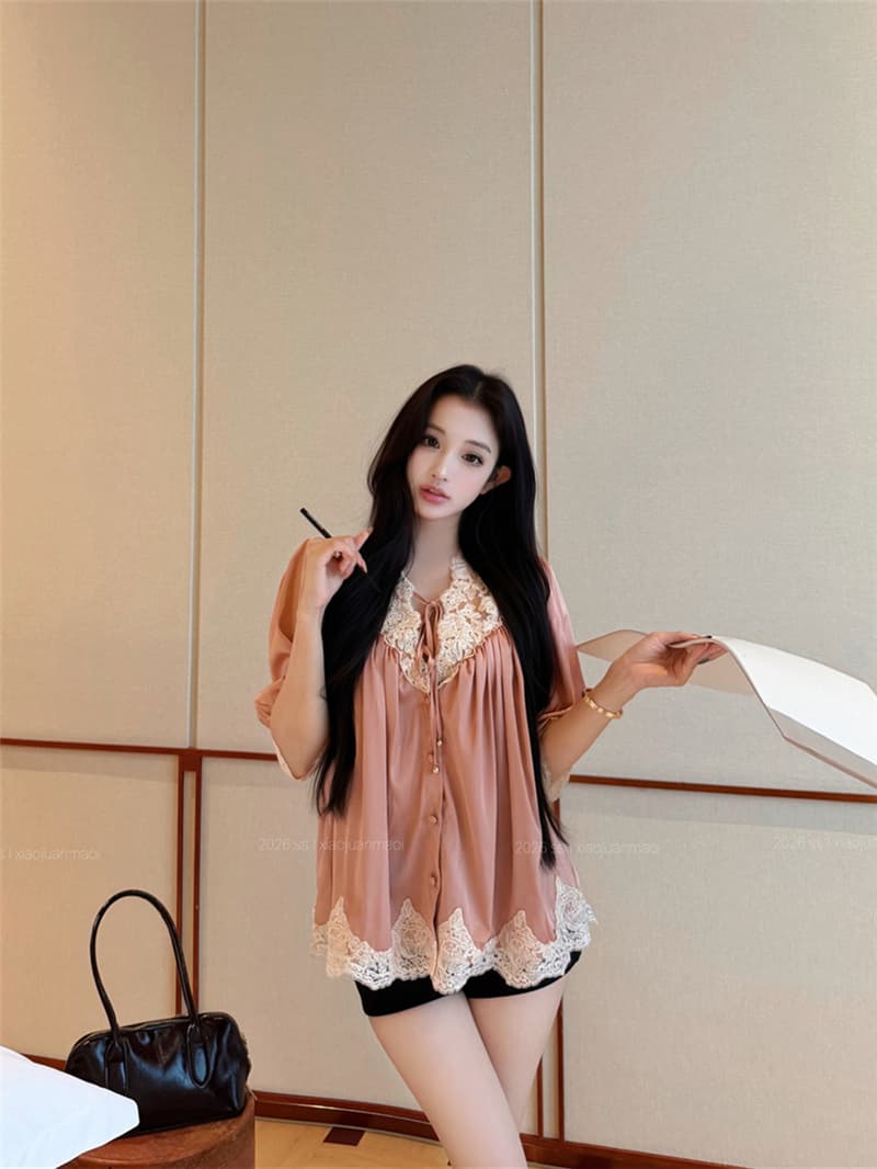 실사 여름 섹시함 V넥 자수 패치워크 새틴 여성 셔츠 상세 이미지 3