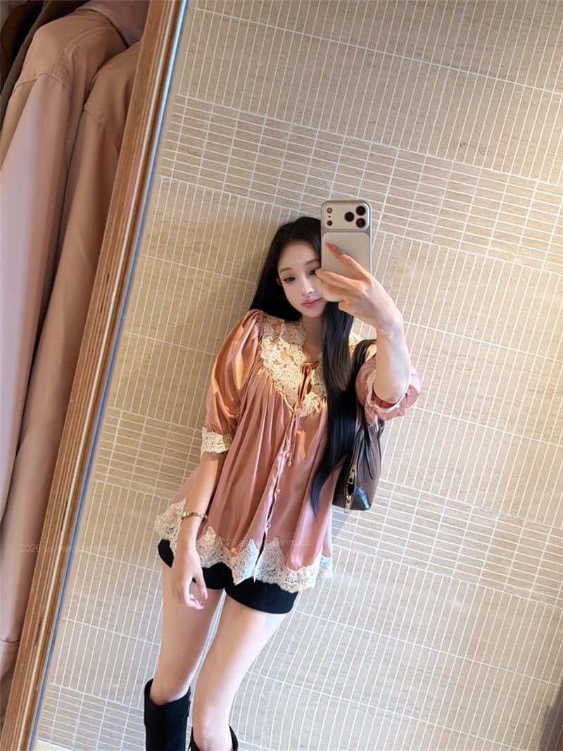 실사 여름 섹시함 V넥 자수 패치워크 새틴 여성 셔츠 상세 이미지 8
