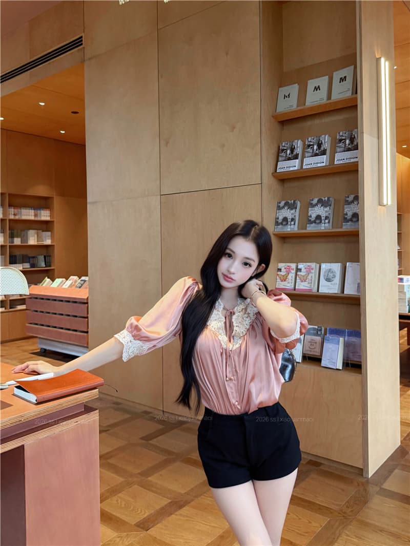 실사 여름 섹시함 V넥 자수 패치워크 새틴 여성 셔츠 상세 이미지 10