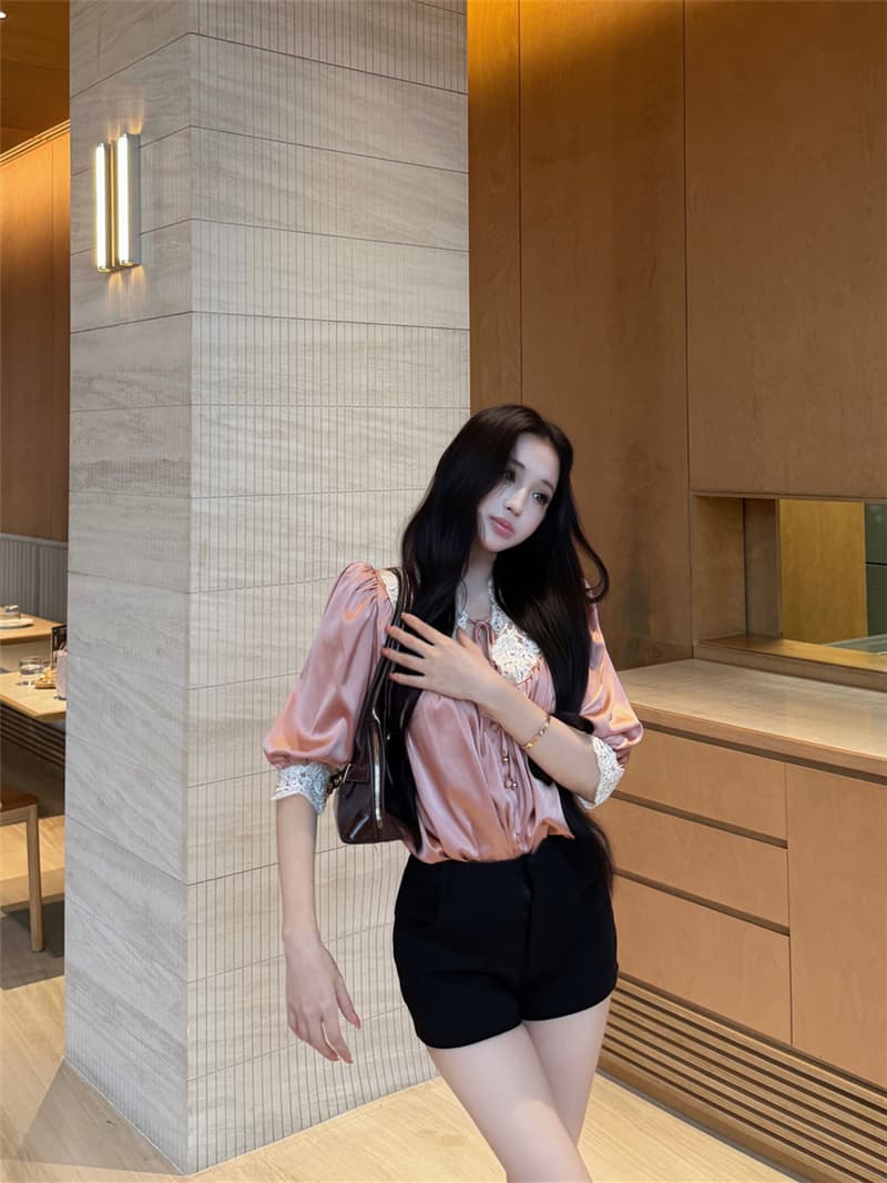 실사 여름 섹시함 V넥 자수 패치워크 새틴 여성 셔츠 상세 이미지 14