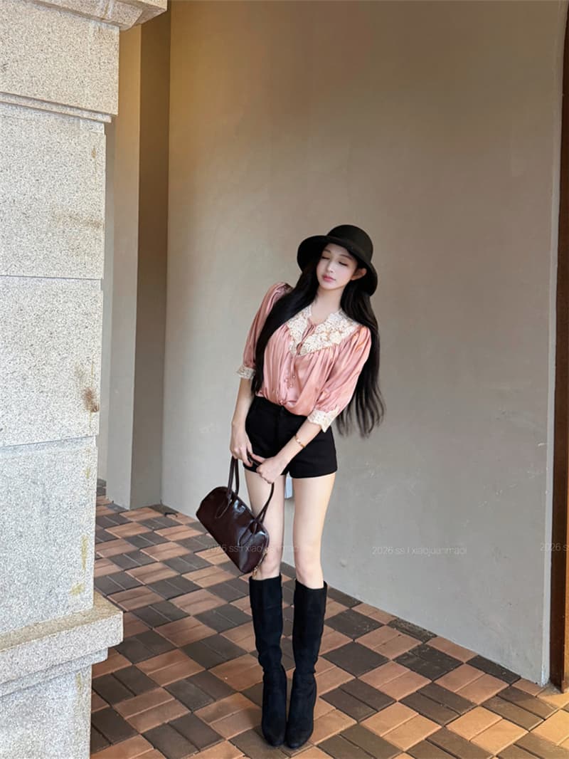 실사 여름 섹시함 V넥 자수 패치워크 새틴 여성 셔츠 상세 이미지 18