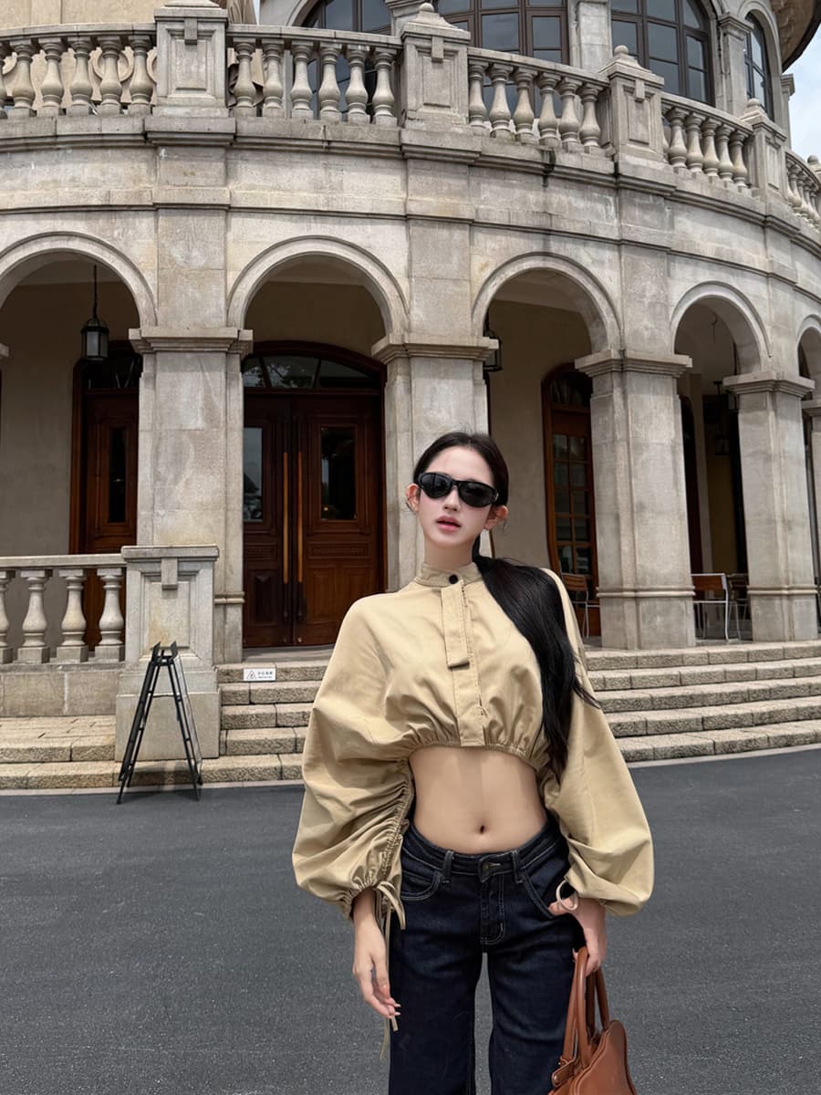 실사 이른 가을 밑단 펌프 로프 스탠드 칼라 셔츠 짧은 여성 코트 이미지 4