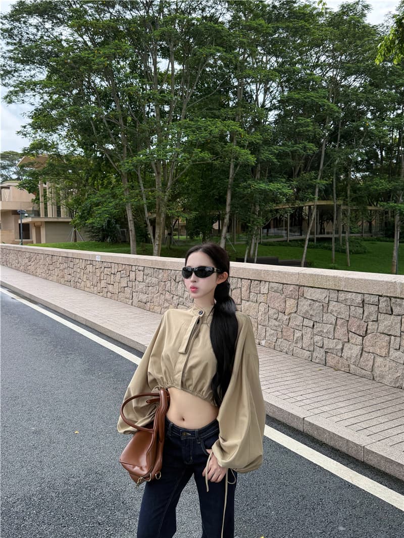 실사 이른 가을 밑단 펌프 로프 스탠드 칼라 셔츠 짧은 여성 코트 상세 이미지 12