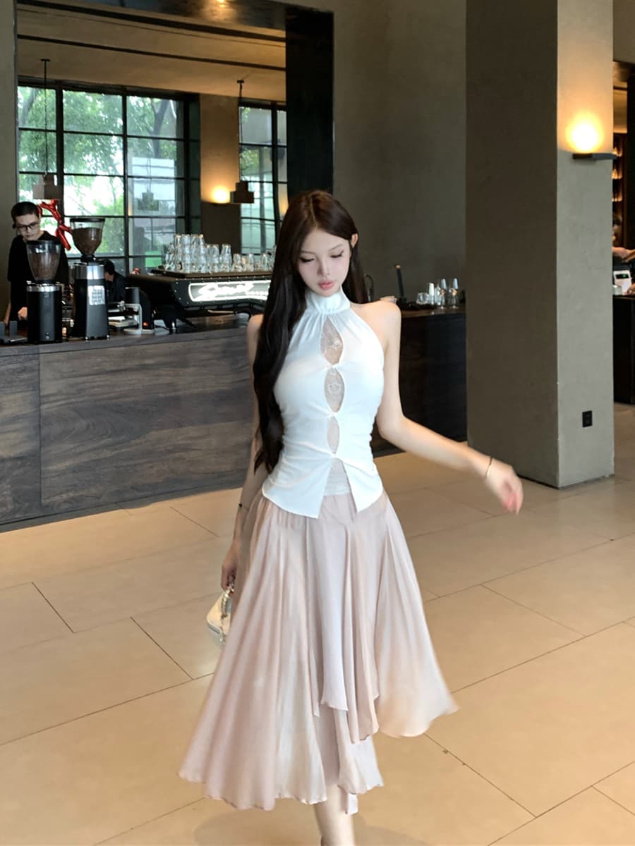 실사 여름 레트로 섹시함 페이크 레이어드 레이스 홀로우 아웃 행침 목 니트 맨위 불규칙 반신 치마 세트 여성 이미지 2