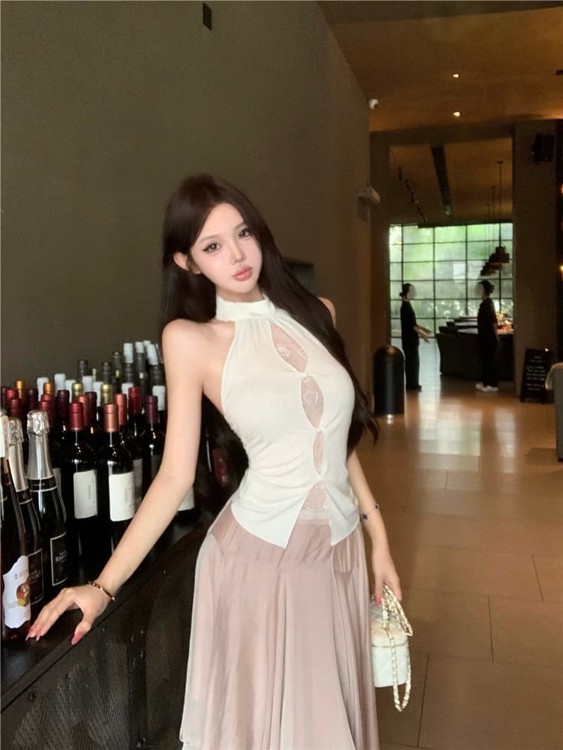 실사 여름 레트로 섹시함 페이크 레이어드 레이스 홀로우 아웃 행침 목 니트 맨위 불규칙 반신 치마 세트 여성 상세 이미지 15