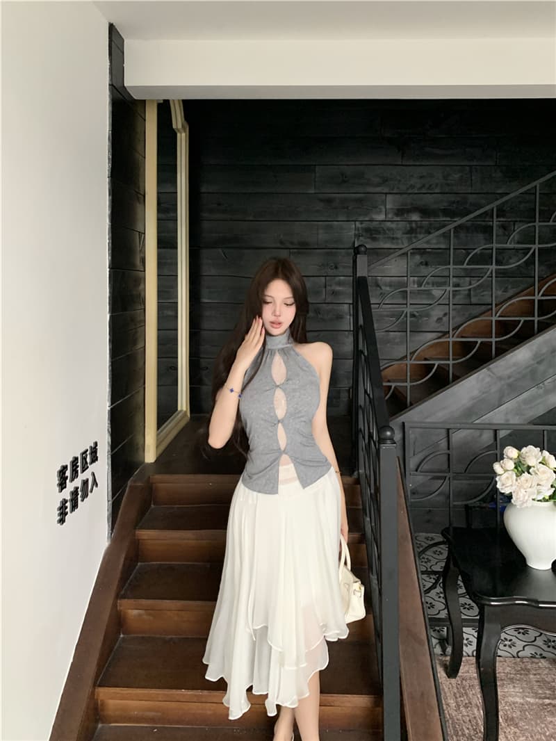 실사 여름 레트로 섹시함 페이크 레이어드 레이스 홀로우 아웃 행침 목 니트 맨위 불규칙 반신 치마 세트 여성 상세 이미지 20