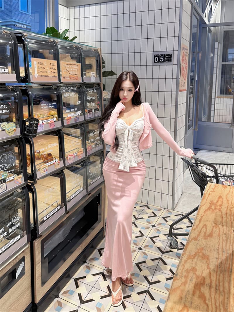 실사 여름 섹시함 순수한 욕망 나비 슬립 튜브탑 자외선 차단 오픈 가디건 타이트 스커트 물고기 꼬리표 반 길이 치마 세트 여성 상세 이미지 4