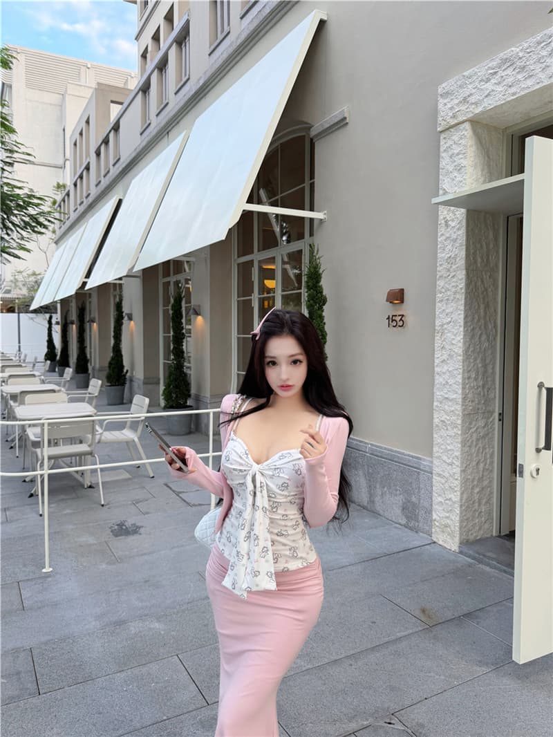 실사 여름 섹시함 순수한 욕망 나비 슬립 튜브탑 자외선 차단 오픈 가디건 타이트 스커트 물고기 꼬리표 반 길이 치마 세트 여성 상세 이미지 15