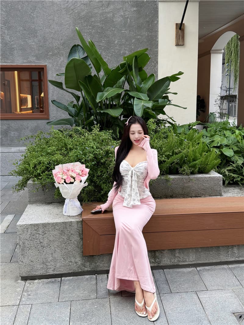 실사 여름 섹시함 순수한 욕망 나비 슬립 튜브탑 자외선 차단 오픈 가디건 타이트 스커트 물고기 꼬리표 반 길이 치마 세트 여성 상세 이미지 16