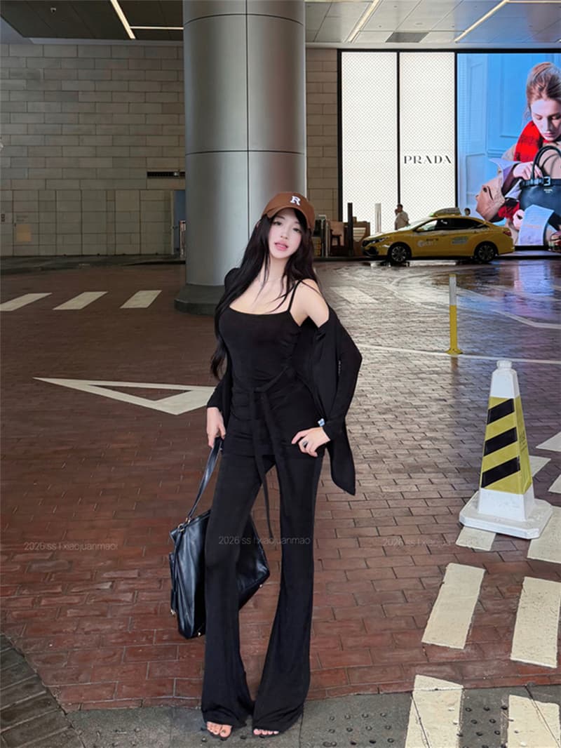 실사 이른 가을 레트로 섹시함 착용 가져 가라. 슬립 타이트 스커트 맨위 오픈 가디건 긴 바지 세트 여성 상세 이미지 5